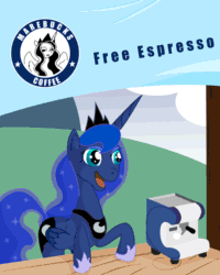 Size: 900x1125 | Tagged: safe, artist:philith, nightmare moon, princess luna, alicorn, pony, animated, coffee, derp, glasses, reference, solo, starbucks, they live