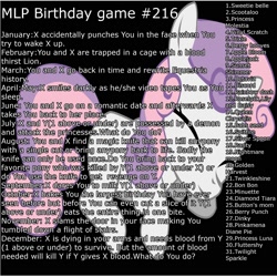 Size: 2000x2000 | Tagged: safe, applejack, discord, fluttershy, nightmare moon, pinkie pie, queen chrysalis, rainbow dash, rarity, sunset shimmer, sweetie belle, trixie, twilight sparkle, oc, oc:cream heart, birthday game, exploitable meme, meme, pinkamena diane pie