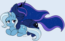 Size: 2400x1535 | Tagged: safe, artist:ambris, princess luna, trixie, alicorn, pony, female, lesbian, luxie, shipping, simple background