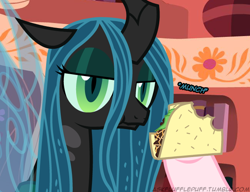 Size: 650x500 | Tagged: safe, queen chrysalis, oc, changeling, changeling queen, female, horn, taco, tumblr:ask fluffle puff