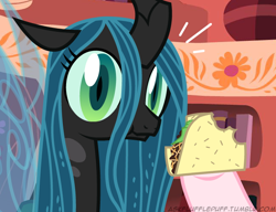 Size: 650x500 | Tagged: safe, queen chrysalis, oc, changeling, changeling queen, female, horn, taco, tumblr:ask fluffle puff