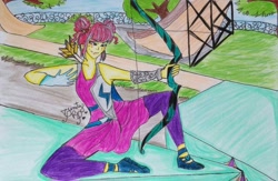 Size: 1024x667 | Tagged: safe, artist:titird, sour sweet, equestria girls, friendship games, arrow, bow (weapon), bow and arrow, solo, traditional art