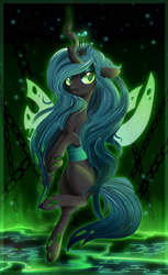 Size: 1024x1674 | Tagged: safe, artist:fikakorv, artist:rebecka-chan, queen chrysalis, changeling, changeling queen, cute, cute little fangs, cutealis, fangs, female, floppy ears, flying, smiling, smirk, solo