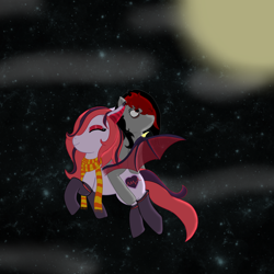 Size: 3000x3000 | Tagged: safe, artist:lazerblues, derpibooru import, oc, oc only, oc:arrhythmia, oc:miss eri, bat pony, earth pony, pony, emo, female, flying, mare, moon, night sky, ponies riding ponies, scarf, socks