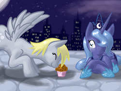 Size: 7200x5400 | Tagged: safe, artist:foxshine, derpy hooves, princess luna, alicorn, pegasus, pony, absurd resolution, crying, female, mare, muffin, s1 luna