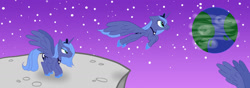 Size: 1920x672 | Tagged: safe, artist:moabite, princess luna, alicorn, pony, earth, jumping, moon, s1 luna