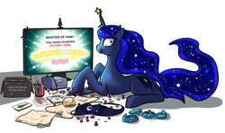 Size: 1000x593 | Tagged: safe, artist:foxi-5, princess luna, alicorn, pony, bacon, burger, candy, caught, controller, gamer luna, licking, licking lips, looking at you, looking back, missing accessory, ponies eating meat, prone, soda, solo, television, tongue out, video game, wide eyes