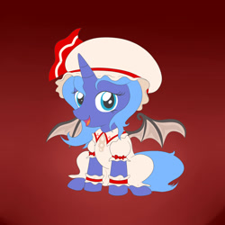 Size: 2500x2500 | Tagged: dead source, safe, artist:fluttershyfree, princess luna, cosplay, cute, filly, lunabetes, remilia scarlet, solo, touhou, woona