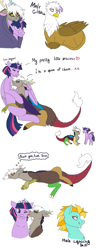 Size: 1195x3118 | Tagged: safe, artist:silcybell, derpibooru import, discord, dusk shine, eris, gilda, guilder, lightning dust, lightning powder, twilight sparkle, twilight sparkle (alicorn), griffon, alternate hairstyle, cuddling, discolight, duskeris, female, licking, male, pregnant, rule 63, shipping, sketch dump, snuggling, straight, tongue out