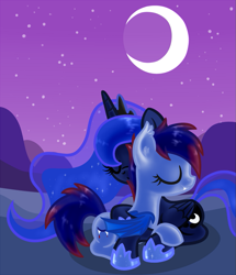 Size: 773x900 | Tagged: safe, artist:arrkhal, princess luna, oc, oc:winter blossom, bat pony, pony, canon x oc, female, hug, lesbian, snuggling