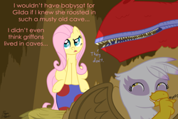 Size: 1200x800 | Tagged: safe, artist:facelessjr, derpibooru import, basil, fluttershy, gilda, dragon, griffon, pegasus, pony, cave, egg, female, male, prank