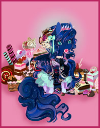 Size: 751x960 | Tagged: safe, artist:saint-juniper, princess luna, alicorn, pony, cake, candy, clothes, color porn, cupcake, donut, food, mouth hold, solo