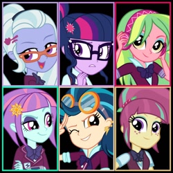 Size: 1024x1024 | Tagged: safe, artist:mlplovr111, indigo zap, lemon zest, sci-twi, sour sweet, sugarcoat, sunny flare, twilight sparkle, equestria girls, clothes, crossed arms, crystal prep academy uniform, crystal prep shadowbolts, headphones, school uniform, shadow six, smiling, smirk