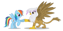 Size: 1000x500 | Tagged: safe, artist:mixermike622, derpibooru import, gilda, rainbow dash, griffon, pegasus, pony, hoofbump