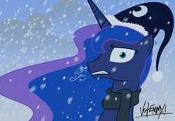 Size: 1000x692 | Tagged: dead source, safe, artist:equestria-election, princess luna, alicorn, pony, cap, clothes, cold, freezing, hat, scarf, shivering, snow, snowfall, solo