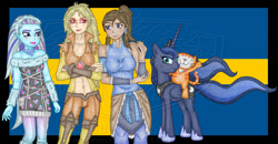 Size: 1259x653 | Tagged: safe, artist:shadowcross, princess luna, alicorn, pony, abbey bominable, belly button, cheetara, crossover, flag, korra, midriff, monster high, poppy cat, sweden, swedish flag, the legend of korra, thundercats, watermark