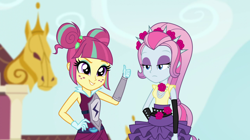 Size: 1280x718 | Tagged: safe, artist:aqua-pony, artist:themexicanpunisher, edit, edited screencap, screencap, sour sweet, violet blurr, equestria girls, friendship games, archery, clothes, duo, freckles, gloves, thumbs up, unamused