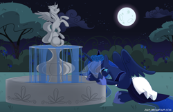 Size: 1024x663 | Tagged: safe, artist:jiayi, princess luna, alicorn, pony, clothes, crying, dress, fountain, hijo de la luna, moon, solo, veil, wedding dress