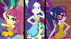 Size: 1280x718 | Tagged: safe, screencap, rarity, sci-twi, sour sweet, twilight sparkle, dance magic, equestria girls, spoiler:eqg specials, split screen