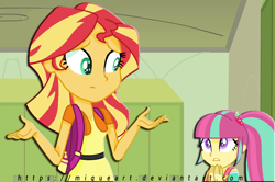 Size: 1082x720 | Tagged: safe, artist:miqueart, sour sweet, sunset shimmer, equestria girls, alternate universe, backpack, clothes, shrug, shrugset shimmer