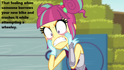 Size: 1280x720 | Tagged: safe, edit, edited screencap, screencap, sour sweet, equestria girls, friendship games, clothes, eyelid pull, female, furious, gloves, image macro, meme, obligatory pony, pulling, solo