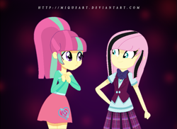 Size: 699x509 | Tagged: safe, artist:miqueart, fluttershy, sour sweet, equestria girls, alternate hairstyle, alternate universe, base used, clothes, crystal prep academy uniform, emoshy, female, school uniform, skirt