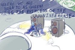 Size: 1600x1067 | Tagged: safe, artist:feather, princess luna, alicorn, pony, highlander, moon, moon rock, princes of the universe, pun, queen (band), rock