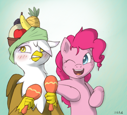 Size: 896x814 | Tagged: safe, artist:i am nude, derpibooru import, gilda, pinkie pie, earth pony, griffon, pony, blushing, cute, embarrassed, fruit, fruit hat, hat, maracas, musical instrument, smiling