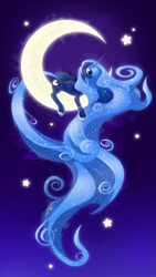 Size: 2813x5000 | Tagged: safe, artist:shaadorian, princess luna, alicorn, pony, long mane, moon, prone, solo, stars, tangible heavenly object