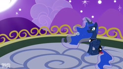 Size: 1920x1080 | Tagged: safe, princess luna, alicorn, pony, balcony, magic, moon, night, sad, sitting, snow, solo, stars