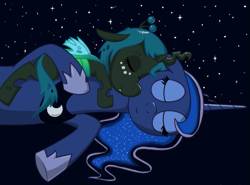 Size: 679x502 | Tagged: safe, artist:syggie, princess luna, queen chrysalis, alicorn, changeling, changeling queen, nymph, pony, ask the changeling princess, clothes, crown, cute, cutealis, duo, duo female, eyes closed, female, filly, filly queen chrysalis, foal, freckles, jewelry, mare, necklace, regalia, shoes, sky, sleeping, sleeping together, small wings, smiling, snuggling, stars, wings, younger