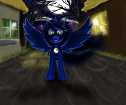 Size: 5000x4173 | Tagged: safe, artist:vladimir-zharkov, princess luna, alicorn, pony, absurd resolution, cloud, cloudy, moon, night, nightmare night, ponyville, solo, stars, tree