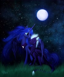 Size: 5000x6000 | Tagged: safe, artist:dalagar, princess luna, oc, alicorn, dragon, pony, absurd resolution, canon x oc, moon, night, stars