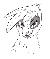 Size: 500x587 | Tagged: safe, artist:ponythroat, derpibooru import, gilda, griffon, villainous delights, kitchen eyes, licking lips, monochrome, portrait, sketch