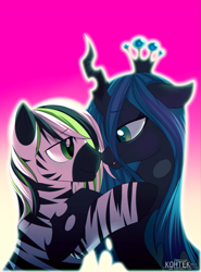 Size: 1483x2000 | Tagged: safe, artist:si1vr, queen chrysalis, oc, oc:jack hyperfreak, changeling, changeling queen, zebra, canon x oc, female, jackalis, kohtek, male, shipping, straight