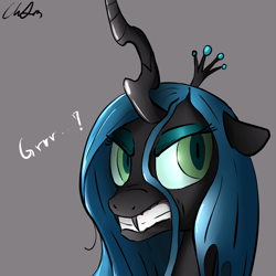 Size: 1000x1000 | Tagged: safe, artist:cs, queen chrysalis, changeling, changeling queen, angry, female, gray background, growling, signature, simple background, solo