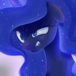 Size: 700x700 | Tagged: safe, artist:dzmaylon, princess luna, alicorn, pony, angry, fangs, floppy ears, glare, lip bite, raised eyebrow, sharp teeth, solo