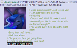 Size: 435x272 | Tagged: safe, princess luna, alicorn, pony, /mlp/, 4chan, anon in equestria, greentext, meta, rejection, rejection is magic, sad, text