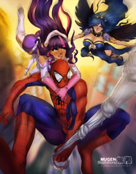 Size: 3300x4200 | Tagged: safe, artist:mugenillustrations, princess luna, twilight sparkle, human, amethyst sorceress, breasts, crossover, crossover shipping, female, flying, humanized, light skin, moderate dark skin, peter parker, princess balloona, shipping, spider web, spider-man, spiderluna, spiders and magic: rise of spider-mane, spidertwi, winged humanization