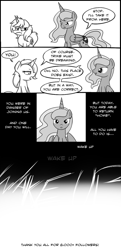 Size: 700x1450 | Tagged: safe, artist:theparagon, princess luna, trixie, alicorn, pony, unicorn, ask trixie, comic, female, mare, monochrome, self ponidox, stoned trixie, third person, tumblr