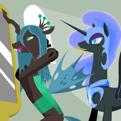 Size: 1000x1000 | Tagged: safe, artist:jun, nightmare moon, queen chrysalis, changeling, changeling queen, chrysmoon, female, lesbian, mirror, pixiv, shipping