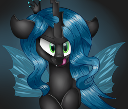 Size: 2350x2000 | Tagged: safe, artist:shyshyoctavia, queen chrysalis, changeling, changeling queen, female, floppy ears, looking at you, smiling, solo, tongue out