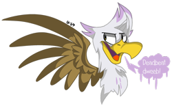 Size: 1024x636 | Tagged: safe, artist:dizzee-toaster, derpibooru import, gilda, guilder, griffon, dialogue, rule 63, simple background, solo, transparent background