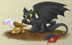 Size: 1200x743 | Tagged: safe, artist:littlehybridshila, derpibooru import, gilda, dragon, griffon, angry, duo, female, gilda is not amused, how to train your dragon, male, night fury, nom, simple background, toothless the dragon