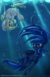 Size: 550x850 | Tagged: dead source, safe, artist:omgproductions, derpy hooves, princess luna, alicorn, pegasus, pony, bubble, crepuscular rays, female, mare, missing accessory, open mouth, smiling, swimming, underhoof, underwater, upside down