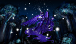 Size: 2995x1721 | Tagged: safe, artist:naboolars, princess luna, alicorn, firefly (insect), pony, dark, flying, forest, glow, night