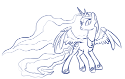 Size: 1389x882 | Tagged: safe, artist:rubrony, princess luna, alicorn, pony, female, horn, mare, monochrome, solo