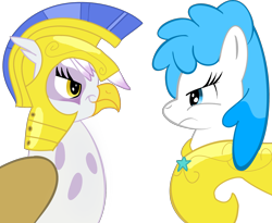 Size: 2310x1894 | Tagged: safe, artist:sketchysounds, derpibooru import, gilda, oc, oc:freeze pop, griffon, armor, helmet