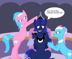 Size: 900x742 | Tagged: safe, artist:novasaxon, aloe, lotus blossom, prince artemis, princess luna, alicorn, pony, bedroom eyes, bipedal, eyes on the prize, nervous, open mouth, rule 63, sitting, smiling, spa twins, ye olde english