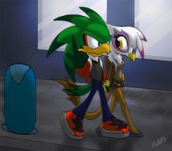 Size: 1500x1312 | Tagged: source needed, useless source url, safe, artist:miniferu, derpibooru import, gilda, anthro, griffon, couple, crossover, crossover shipping, female, giljet, jet the hawk, male, shipping, sonic the hedgehog (series), straight